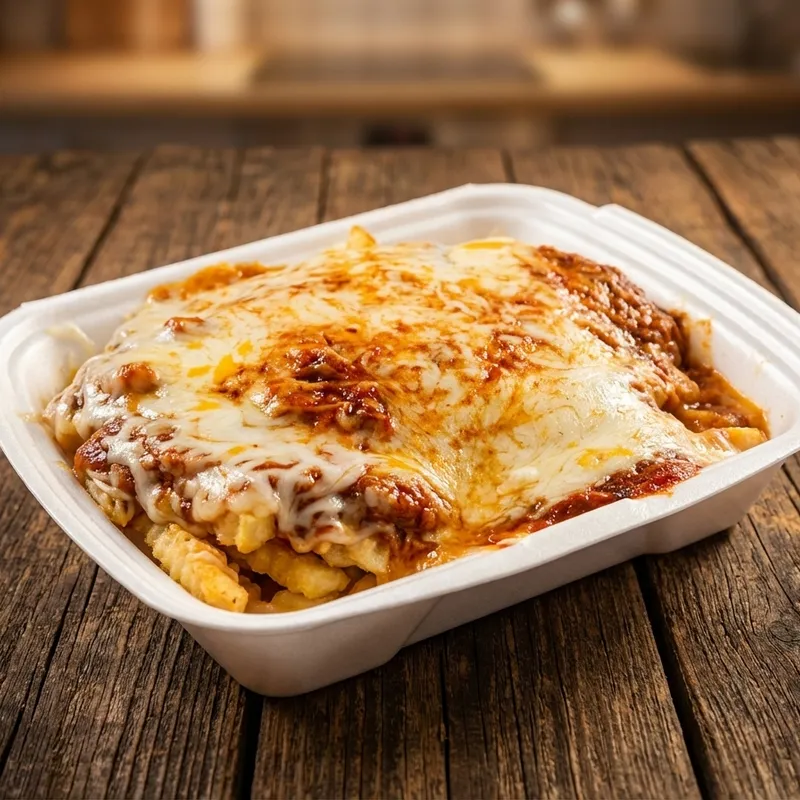 Pommes frites m/pizzafyll og ost